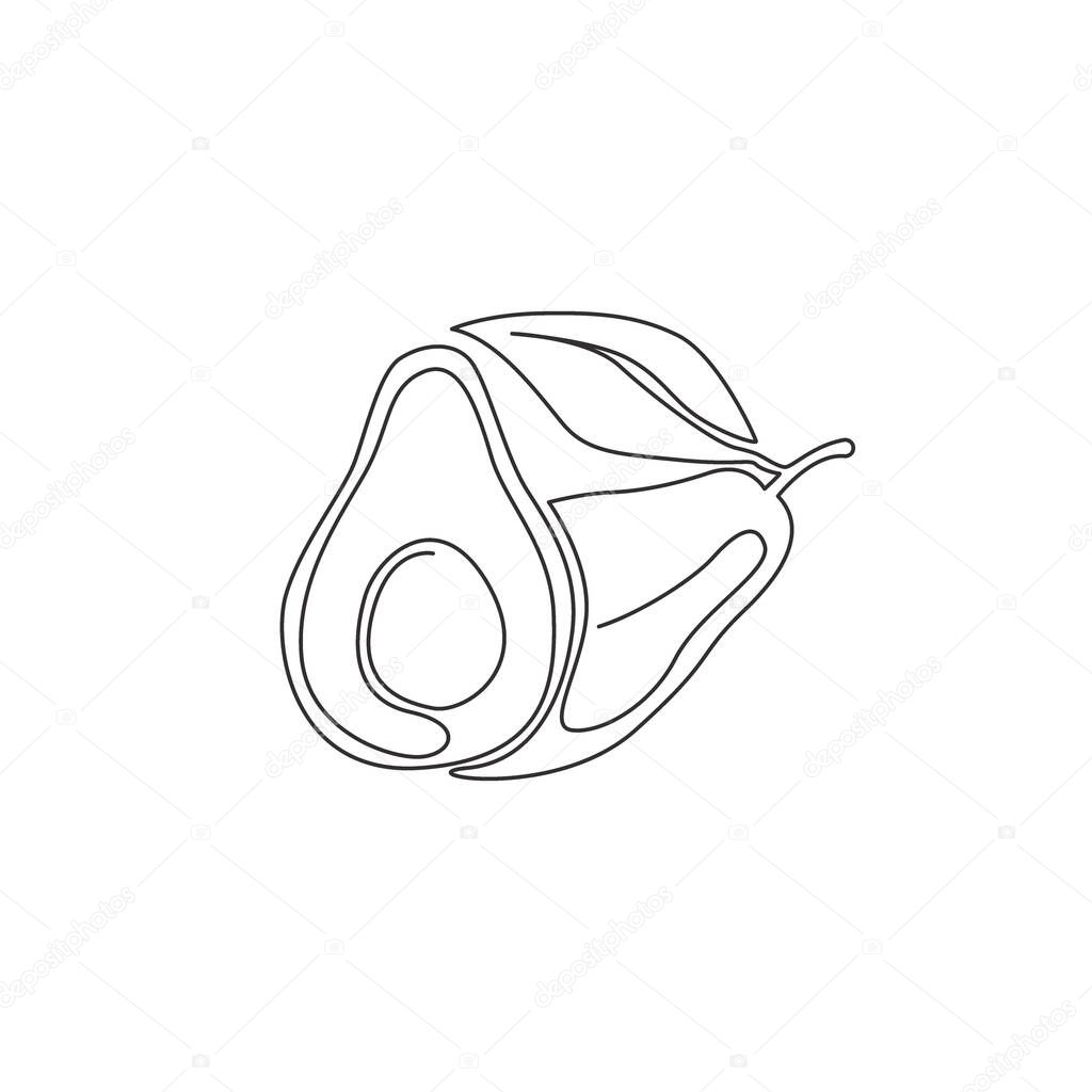 One continuous line drawing of whole healthy organic avocado fruit for orchard logo identity. Fresh tropical fruitage concept for fruit garden icon. Modern single line draw design vector illustration