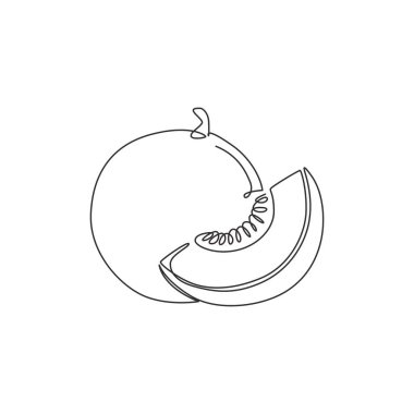 Tek bir çizgi meyve bahçesi logosu kimliği için sağlıklı organik kavun dilimliyor. Meyve bahçesi ikonu için taze meyve konsepti. Modern sürekli çizgi çizimi tasarım vektörü grafik çizimi