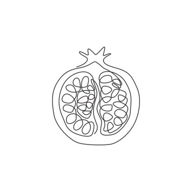 Meyve bahçesi logosu kimliği için yarım dilimlenmiş organik nar çizimi. Meyve bahçesi ikonu için taze meyve tohumu konsepti. Modern sürekli çizgi çizimi tasarım vektörü illüstrasyonu