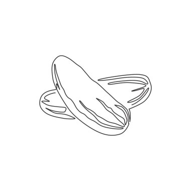 Meyve bahçesi logosu kimliği için tek bir sağlıklı organik salatalık çizimi. Vegan bahçe ikonu için taze sebze konsepti. Modern bir çizgi çizimi tasarım vektörü grafik çizimi