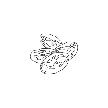 Meyve bahçesi logosu kimliği için sağlıklı organik meyve tarihlerinin olduğu tek bir çizgi. Meyve bahçesi ikonu için taze palmiye meyvesi konsepti. Modern sürekli çizgi çizimi tasarım vektörü illüstrasyonu