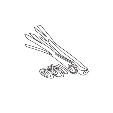 Çiftlik logosu kimliği için sağlıklı organik limon otlarının kesintisiz çizimi. Çimen sebze ikonu için taze cymbopogon kavramı. Modern tek çizgi çizimi tasarım vektör çizimi