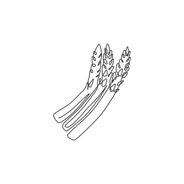 Bahçe logosu kimliği için sağlıklı organik kuşkonmaz çizimleri. Sebze ikonu için taze serçe otu konsepti. Modern tek çizgi çizimi tasarım vektör grafik çizimi