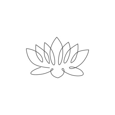 Güzellik salonunun gevşeme terapi logosu için tek sıra halinde taze lotus çizimi. Ev dekorasyonu için dekoratif su zambağı çiçeği konsepti. Bir çizgi çizimi tasarım vektörü illüstrasyonu