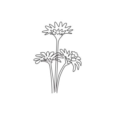 Bahçe logosu için sürekli tek bir güzellik çizgisi taze asteraceae. Duvar sanatları ev dekorasyonu posteri için basılabilir paskalya çiçeği konsepti. Bir satır çizimi tasarım vektörü illüstrasyonu