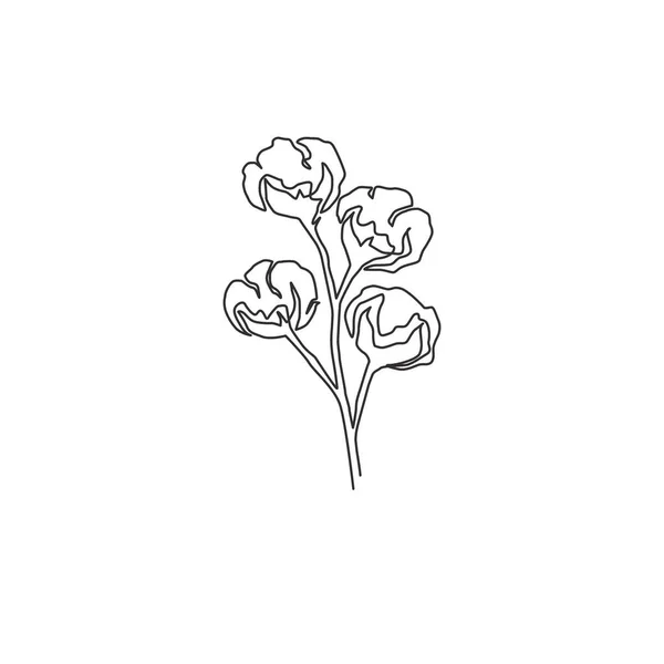 農業ロゴのアイデンティティのための全体の柔らかくてふわふわの綿の花の1つの連続線画 ガーデンアイコンのためのステンレス繊維の花のコンセプト 現代の単線描画グラフィックデザインベクトルイラスト — ストックベクタ