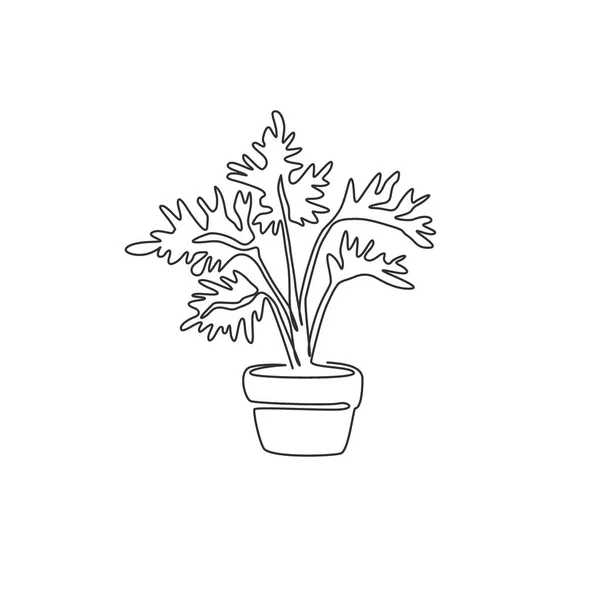 Dessin Ligne Continue Unique Plante Feuille Tropicale Mignonne Pot Concept — Image vectorielle