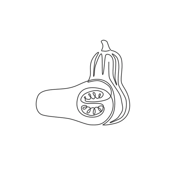 Single continuous line drawing of whole and sliced healthy organic butternut pumpkin for farm logo identity.Winter squash concept for vegetable icon. Modern one line draw design vector illustration — Stock Illustration Single Continuous Line Drawing Whole Sliced Healthy Organic Butternut Pumpkin Stock Illustration