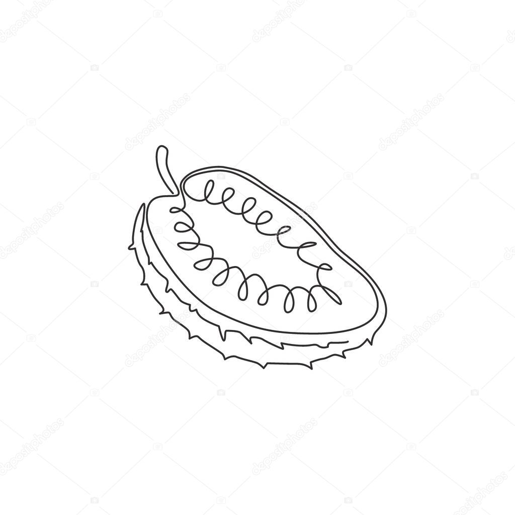 One Single Line Drawing Of Half Sliced Healthy Organic Soursop For Orchard Logo Identity Fresh Tropical Fruitage Concept For Fruit Garden Icon Modern Continuous Line Draw Design Vector Illustration Premium Vector