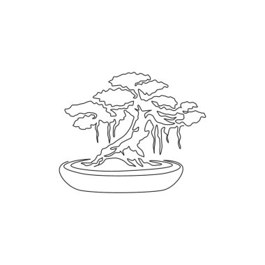 Single continuous line drawing of beautiful and exotic Japan bonsai tree. Decorative old small banyan tree concept for home decor wall art poster print. Modern one line draw design vector illustration clipart