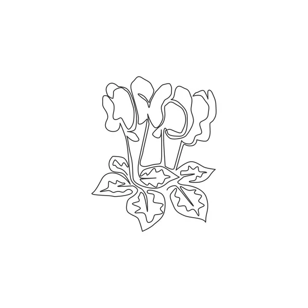 庭のロゴのための単一のライン図面の美しさ新鮮なシクラメン 家の装飾の壁のアートポスターの印刷のための装飾的な多年草の開花植物コンセプト 現代の連続線画ベクトル図 — ストックベクタ