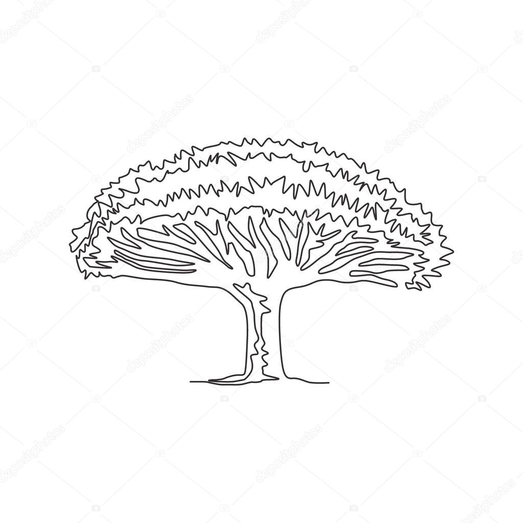 One continuous line drawing beauty dragon blood tree for wall decor home art poster print. Decorative socotra dragon tree for national park logo. Trendy single line draw design vector illustration