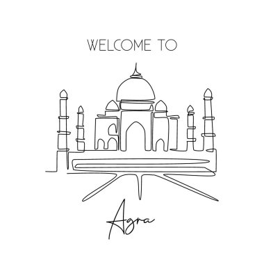 Taj Mahal camisini çizen tek satır. Agra 'da güzel, tarihi bir ikonik yer, Hindistan duvar dekoru poster sanatı. Turizm seyahat kartpostal konsepti. Modern sürekli çizgi çizimi tasarım vektörü illüstrasyonu