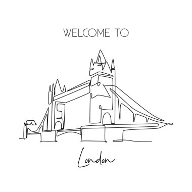 Kule Köprüsü 'nün simgesini çizen tek bir hat var. İngiltere, Londra 'da ikonik güzellik merkezi. Dünya seyahati dekorasyon duvarı poster baskısı konsepti. Bir çizgi çizimi tasarım vektörü illüstrasyonu