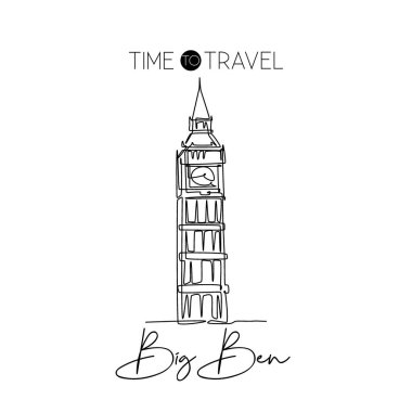 Big Ben saat kulesini çizen tek çizgi. Londra 'daki sembolik bir yerin duvar dekorasyonu ve poster baskısı. Turizm ve seyahat kartı konsepti. Modern sürekli çizgi çizimi tasarım vektörü illüstrasyonu