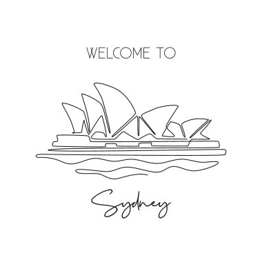 Opera Binası 'nı çizen tek satır. Sydney 'de sanat icra eden ikonik çoklu mekan. Turizm seyahati kartpostalı ve ev dekorasyonu poster konsepti. Vektör illüstrasyon grafik tasarımı illüstrasyonu