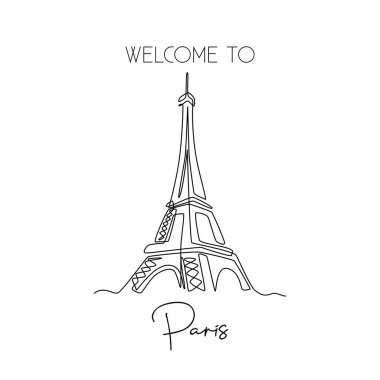 Eyfel Kulesi 'nin duvar dekoru posterinin tek satır çizimi. Paris, Fransa 'da ikonik bir yer. Turizm ve seyahat tebrik kartı konsepti. Modern sürekli çizgi çizimi tasarım vektörü illüstrasyonu