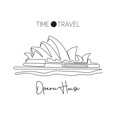 Opera binasının simgesini çizen tek bir hat var. Sydney, Avustralya 'da ikonik tiyatroda. Dünya seyahati dekorasyon duvarı poster baskısı konsepti. Vektör illüstrasyon grafik çizim tasarımı