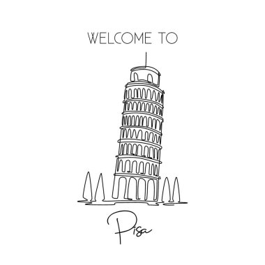 Zayıf Pisa Kulesi 'nin tek sıra çizimi. Piazza del Duomo 'da güzel tarihi bir yer. Kartpostal ve ev dekorasyonu duvar resimleri poster baskısı. Modern sürekli çizgi çizimi tasarım vektörü illüstrasyonu