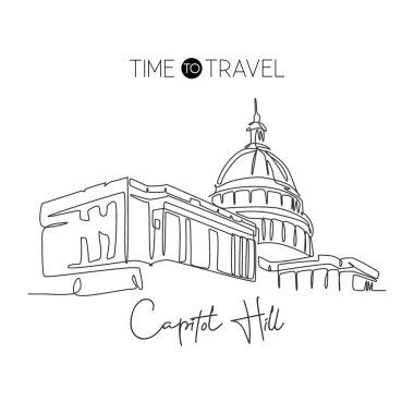 Capitol Hill 'in simgesini çizen tek bir hat var. Washington DC, ABD 'deki ikonik ünlü yer. Dünya seyahati duvar dekorasyonu poster baskısı konsepti. Modern bir çizgi çizimi tasarım vektörü çizimi