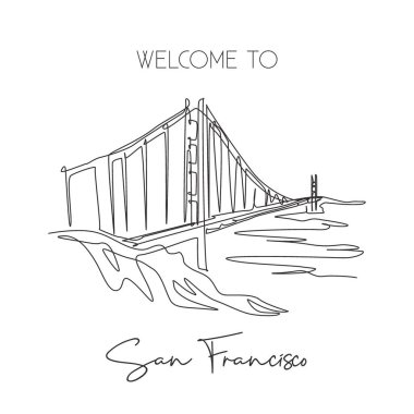 Tek bir hat Golden Gate Köprüsü 'nü işaret ediyor. San Francisco, ABD 'de ikonik bir yer. Turizm ev dekorasyonu duvar resimleri poster baskısı konsepti. Modern sürekli çizgi çizimi tasarım vektörü illüstrasyonu