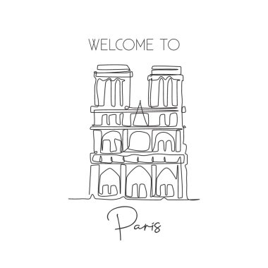 Notre-Dame 'ın simgesini çizen tek bir satır. Paris Fransa 'da dünyaca ünlü bir yer. Turizm seyahat kartpostalları ev dekorasyonu poster baskısı. Modern sürekli çizgi çizimi tasarım vektörü illüstrasyonu