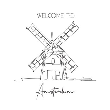 Molen De Adriaan Yel Değirmeni 'ni çizen tek bir hat. Hollanda 'da güzel ve ünlü bir yer. Dünya seyahati dekorasyon duvarı poster konsepti. Modern bir çizgi çizimi tasarım vektörü çizimi