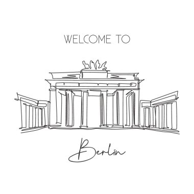 Brandenburg Geçidi 'nin simgesini çizen kesintisiz bir hat. Berlin, Almanya 'da dünyaca ünlü bir yer. Tatil duvarı dekorasyonu poster baskısı konsepti. Modern tek çizgi çizimi tasarım vektör çizimi
