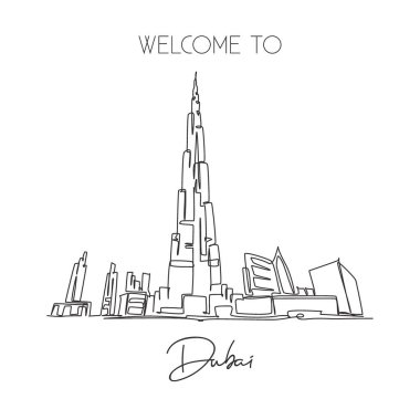 Burj Halife Kulesi 'nin simgesini çizen kesintisiz bir hat. Dubai, BAE 'de dünyaca ünlü bir yer. Tatil tatili ev dekorasyonu poster baskısı konsepti. Modern tek çizgi çizimi tasarım vektör çizimi