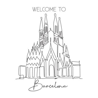 Depok, Endonezya - 7 Ağustos 2019: Basilica de la Sagrada Familia 'ya hoş geldiniz çizimi. Barcelona, İspanya 'da dünyaca ünlü bir yer. Turizm seyahati kartpostalı. Vektör illüstrasyonu