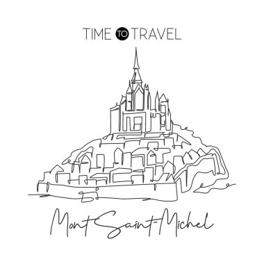 Le Mont Saint Michel şehir simgesini çizen kesintisiz bir hat. Normandiya, Fransa 'da ikonik bir yer. Tatil duvarı dekorasyonu poster baskısı konsepti. Modern tek çizgi çizimi tasarım vektör çizimi