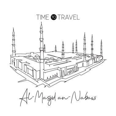 Masjidil ve Nabawi 'nin simgelerini çizen kesintisiz bir hat. Medine Suudi Arabistan 'daki kutsal mescit. Dini hac ve umrah mekanı konsepti. Duvar dekoru posteri. Tek çizgi çizimi tasarım vektör çizimi