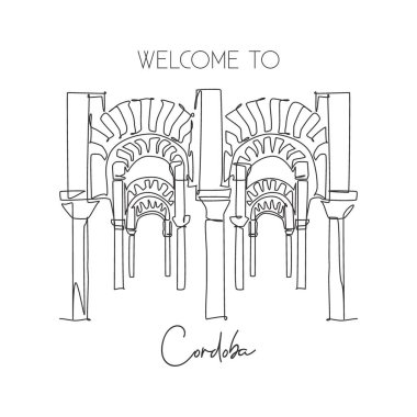 One continuous line drawing Cordoba Mosque or Mezquita landmark. Beautiful place at Andalusia, Spain. Holiday vacation wall decor poster art concept. Trendy single line draw design vector illustration clipart