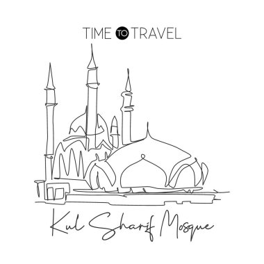 Tek sıra halinde Kul Şerif Camii 'nin simgesini çiziyor. Kazan Rusya 'da güzel ve ünlü bir yer. Dünya 'nın kutsal evi duvar dekoru poster sanat konsepti. Dinamik bir çizgi tasarım vektörü illüstrasyonuName