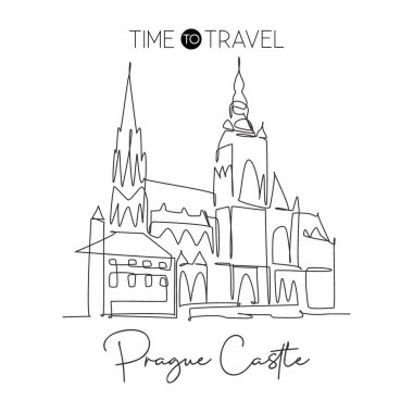 Prag Kalesi 'nin simgesini çizen tek bir çizgi. Çek Cumhuriyeti 'ndeki dünyaca ünlü ikonik bina. Turizm seyahat kartpostalı ev dekorasyonu poster konsepti. Devamlı çizgi çizimi tasarım vektörü illüstrasyonu