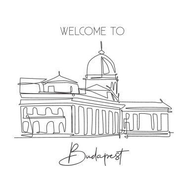 Tek bir çizgi Buda Kalesi 'nin simgesini çiziyor. Budapeşte Macaristan 'daki dünyaca ünlü ikonik saray. Turizm seyahati duvar dekorasyonu poster baskısı konsepti. Devamlı çizgi çizimi tasarım vektörü illüstrasyonu