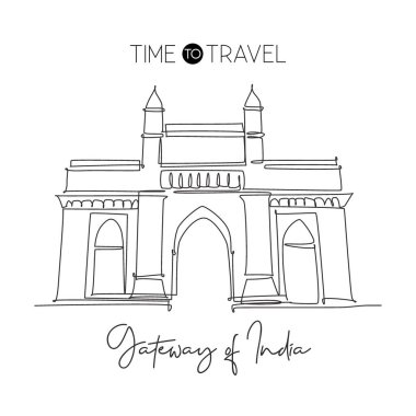 Hindistan 'ın tarihi geçidini çizen kesintisiz bir hat. Mumbai Hindistan 'daki anıt. Tatil turu ve ev dekorasyonu poster baskısı konsepti. Modern tek çizgi çizimi tasarım vektör çizimi