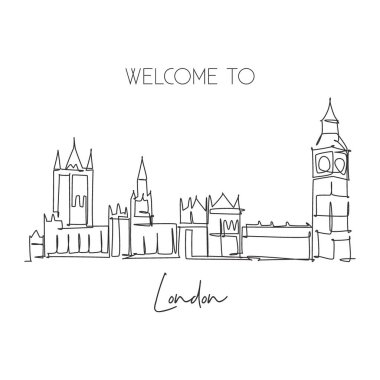 Londra Parlamentosu 'nun simgesi olan tek bir hat. İngiltere 'de dünyaca ünlü ikonik. Turizm ve seyahat kartı konsepti. Moda sürekli çizgi çizimi tasarım vektörü illüstrasyonu