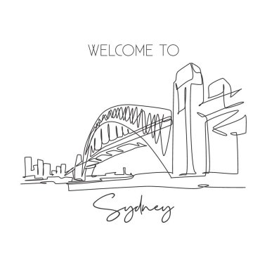 Sydney Harbour Köprüsü 'nü çizen kesintisiz bir hat. Avustralya 'da harika bir köprü. Tatil turizmi ev dekorasyonu poster baskısı konsepti. Modern tek çizgi çizimi tasarım vektör çizimi