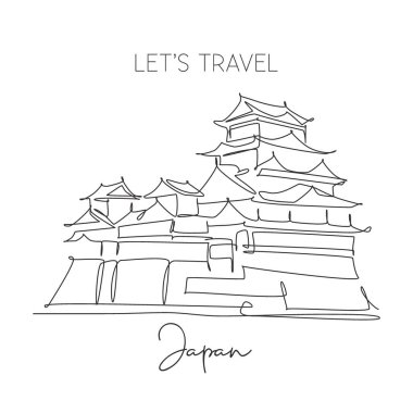 Himeji Kalesi 'nin simgesini çizen kesintisiz bir hat. Japonya, Himeji 'deki eski doğu sarayı. Tatil duvarı dekorasyonu poster baskısı konsepti. Modern tek çizgi çizimi tasarım vektör çizimi