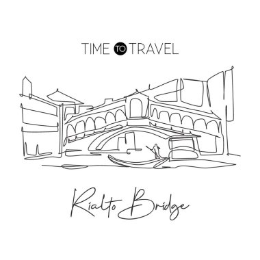 Rialto Köprüsü 'nün simgesini çizen kesintisiz bir hat. İtalya, Venedik 'teki en güzel romantik yer. Tatil tatili ev dekorasyonu poster konsepti. Modern tek çizgi çizimi tasarım vektör çizimi