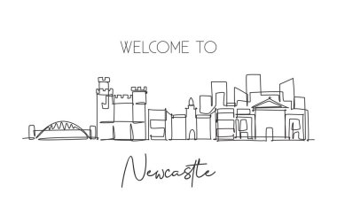 Newcastle şehrinin siluetinin aralıksız çizimi. Güzel şehir gökdeleni dünya manzara turizmi tatil gezisi ev dekorasyonu poster sanat konsepti. Tek çizgi çizimi tasarım vektör çizimi