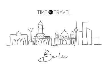 Berlin şehrinin siluetinin aralıksız tek bir çizgisi. Ünlü şehir gökdelen manzarası. Dünya seyahati kartpostal ev dekorasyonu duvar resimleri poster konsepti. Modern bir çizgi çizimi tasarım vektörü çizimi