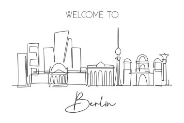Berlin şehrinin siluetini çizen kesintisiz bir hat. Güzel bir gökdelen manzarası. Dünya Dekorasyon Duvarı Sanat Posteri Turizm Seyahat Konsepti. Tek çizgi çizimi tasarım vektör çizimi