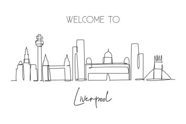 Tek bir çizgi Liverpool şehrinin siluetini çiziyor. Dünyanın tarihi gökdelen manzarası. En iyi hedef ev dekorasyonu poster baskısı konsepti. Devamlı çizgi çizimi tasarım vektörü illüstrasyonu