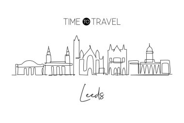 Tek bir çizgi Leeds şehrinin siluetini çiziyor. Dünyanın tarihi gökdelen manzarası. Tatil için en iyi yer ev dekorasyonu konsepti. Devamlı çizgi çizimi tasarım vektörü illüstrasyonu