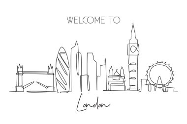 Londra şehrinin ufuk çizgisinin sürekli tek bir çizgisi. Dünyanın ünlü gökdelen manzarası. Dünya seyahati ev dekorasyonu poster konsepti. Modern bir çizgi çizimi tasarım vektörü çizimi