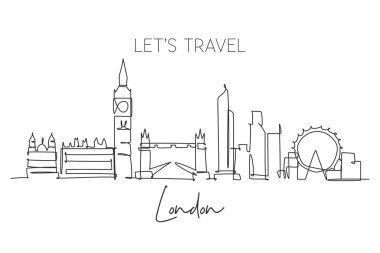 Londra şehir siluetinin aralıksız çizimi. Güzel bir gökdelen. Dünya peyzaj turizmi tatili ev dekorasyonu poster konsepti. Tek çizgi çizimi tasarım vektör çizimi