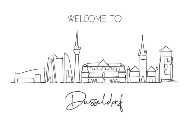 Almanya 'da Düsseldorf şehrinin siluetinin tek bir çizgisi. Dünyanın tarihi gökdelen manzarası. En iyi duvar dekorasyonu sanat merkezi. Moda sürekli çizgi çizimi tasarım vektörü illüstrasyonu