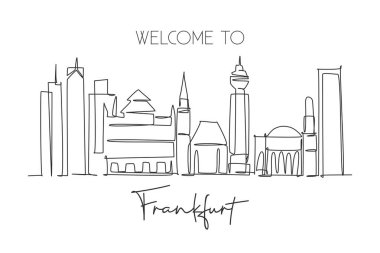 Frankfurt şehrinin silueti, Almanya. Ünlü gökdelen manzarası. Dünya seyahati duvar dekorasyonu, poster baskısı konsepti. Modern bir çizgi çizimi tasarım vektörü çizimi